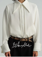 JCAESAR STUDIO Striped Pleated Pointed Collar Shirt in White - On Male Model