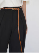 PANLULUPAN Top Grain Leather Triangle Buckle Belt in Brown - On Female Model