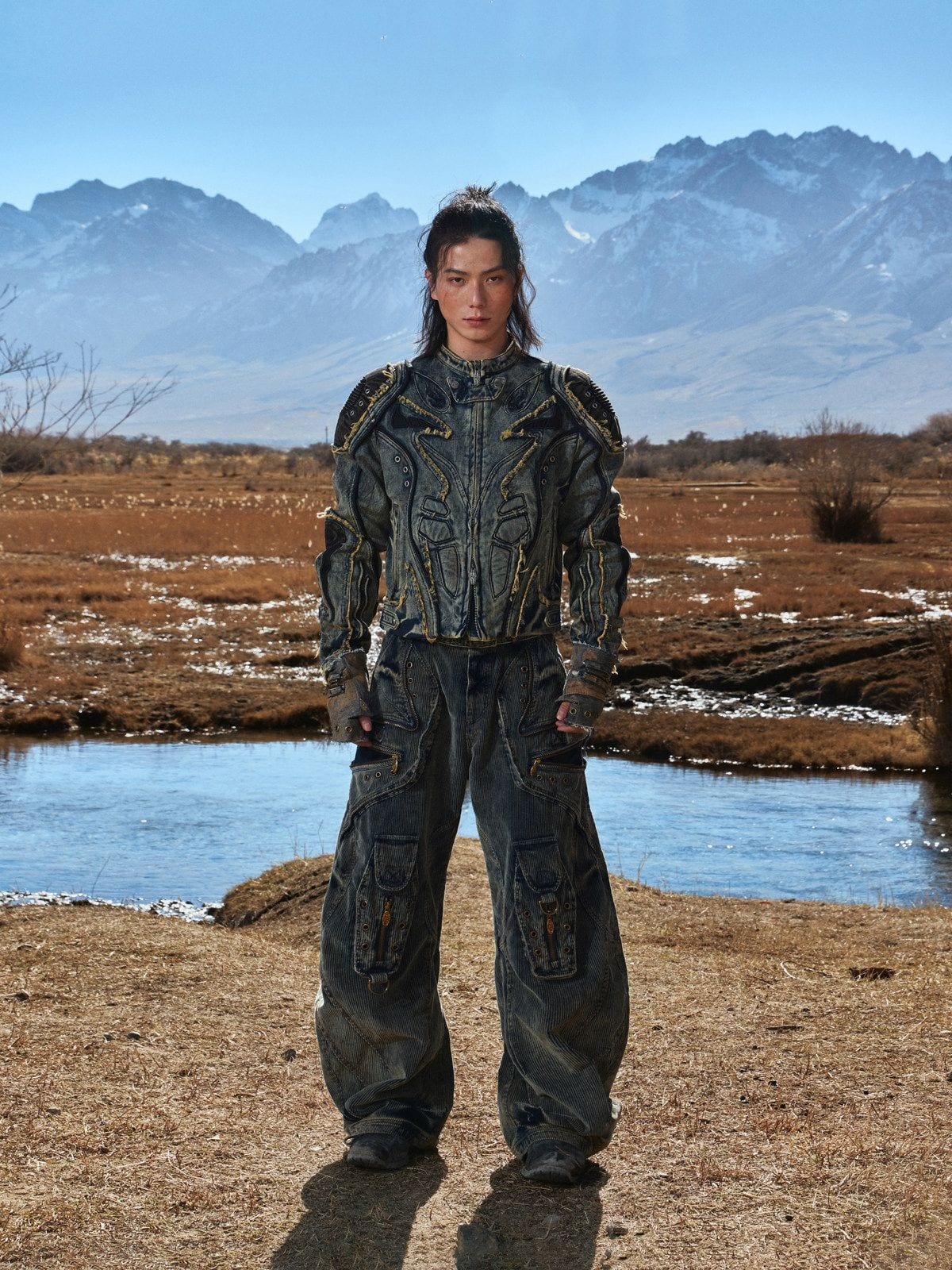 PERSONSOUL Embroidered Denim Racing Jacket in Blue - On Male Model