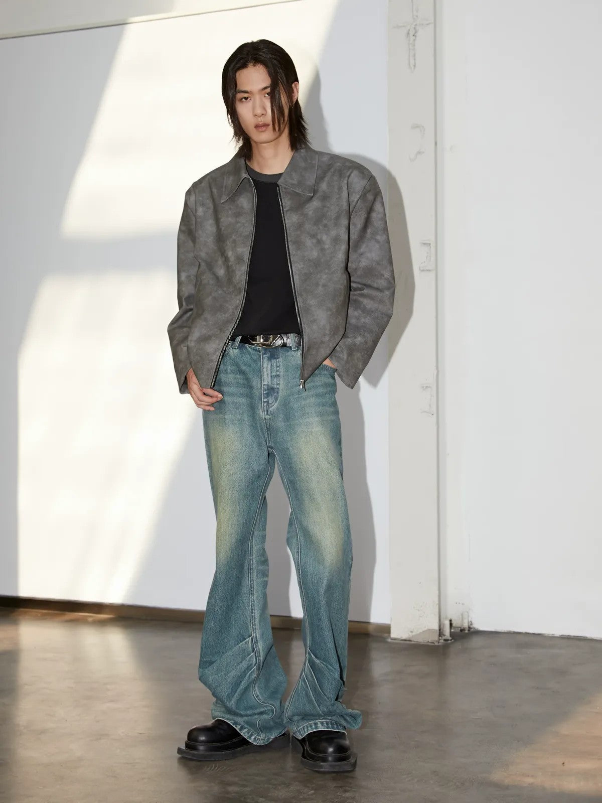 Y OFFICIAL Cropped Matte Faux Leather Jacket in Gray - On Male Model