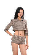 SweetChilling Plaid Lace Trim Double Breasted Shorts in Brown - On Female Model