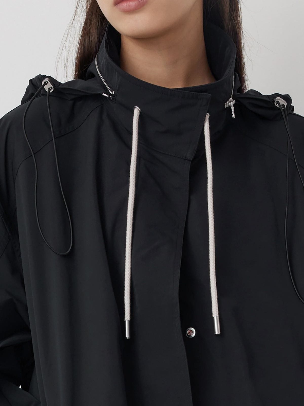 Random Piece Triacetate Blend Jacket With Stowable Hood in Black - On Female Model