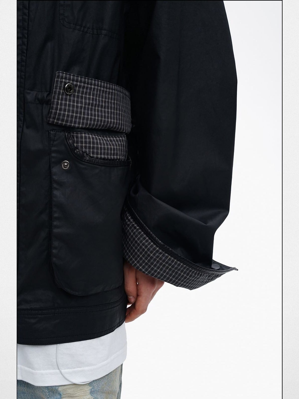 MASONPRINCE Waxed Cotton Barn Jacket in Black - On Male Model