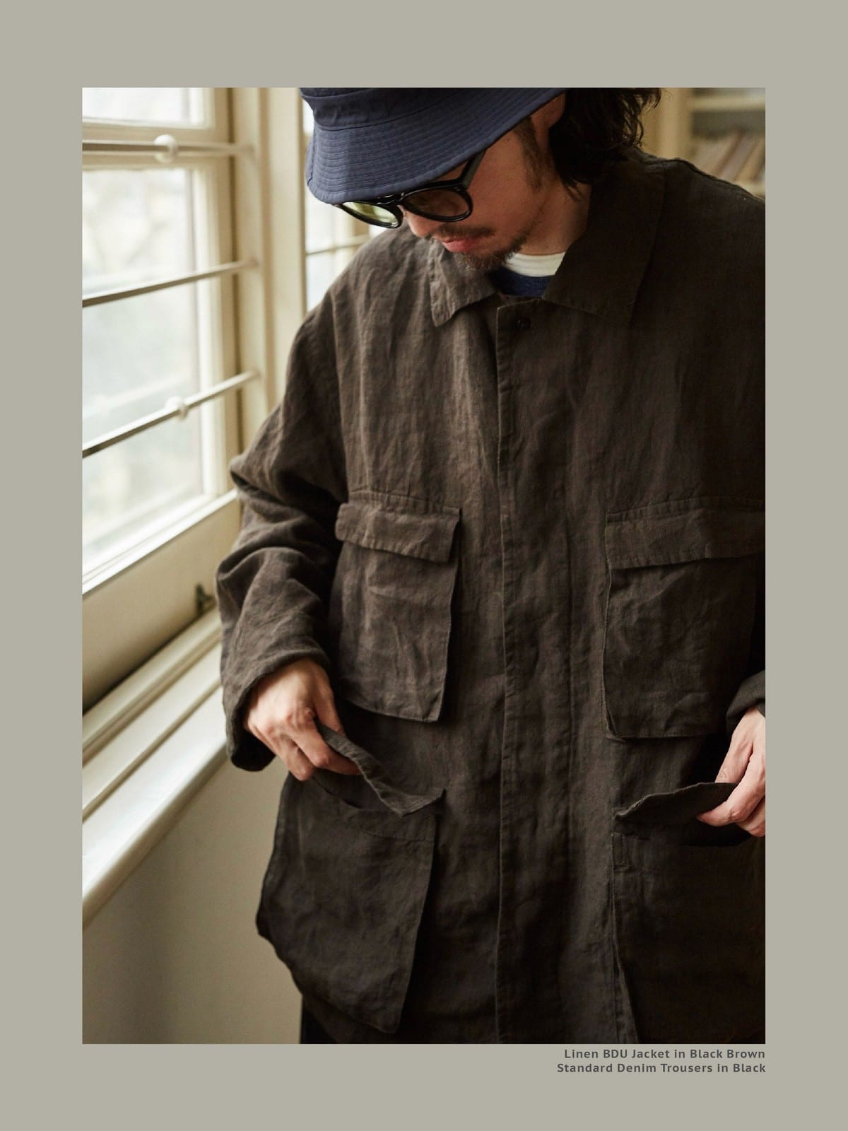 USAGE Linen Four Pocket BDU Jacket in Brown - On Male Model