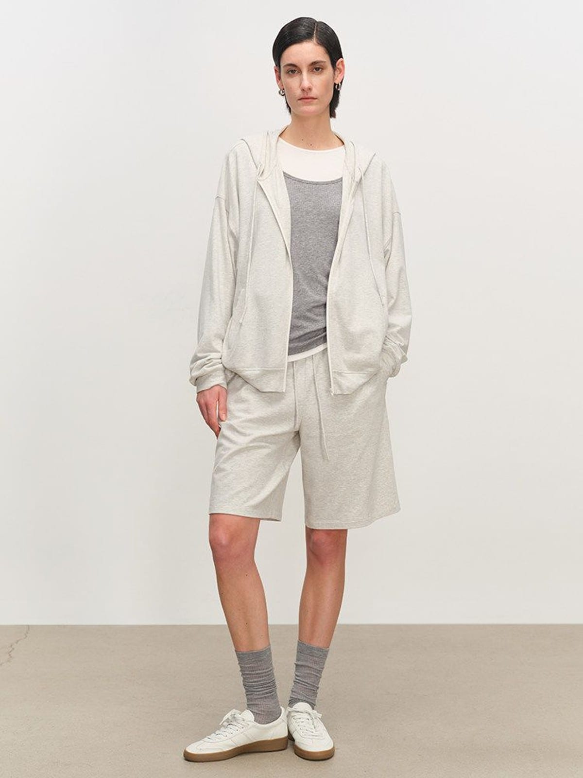 MSBEAST Lightweight Modal Blend Zip Up Hoodie in Gray - On Female Model