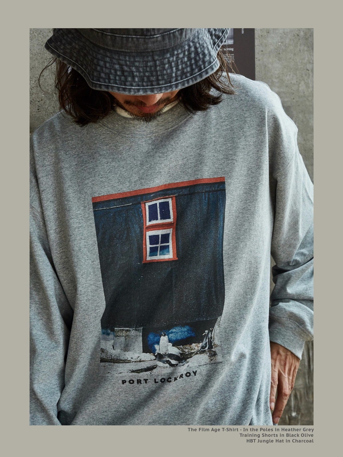 USAGE Air Spun Cotton Graphic T Shirt in Gray - On Male Model