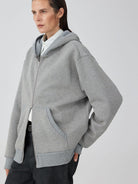 SIMPLE PROJECT Cotton Blend Zip Up Hoodie in Gray - On Female Model
