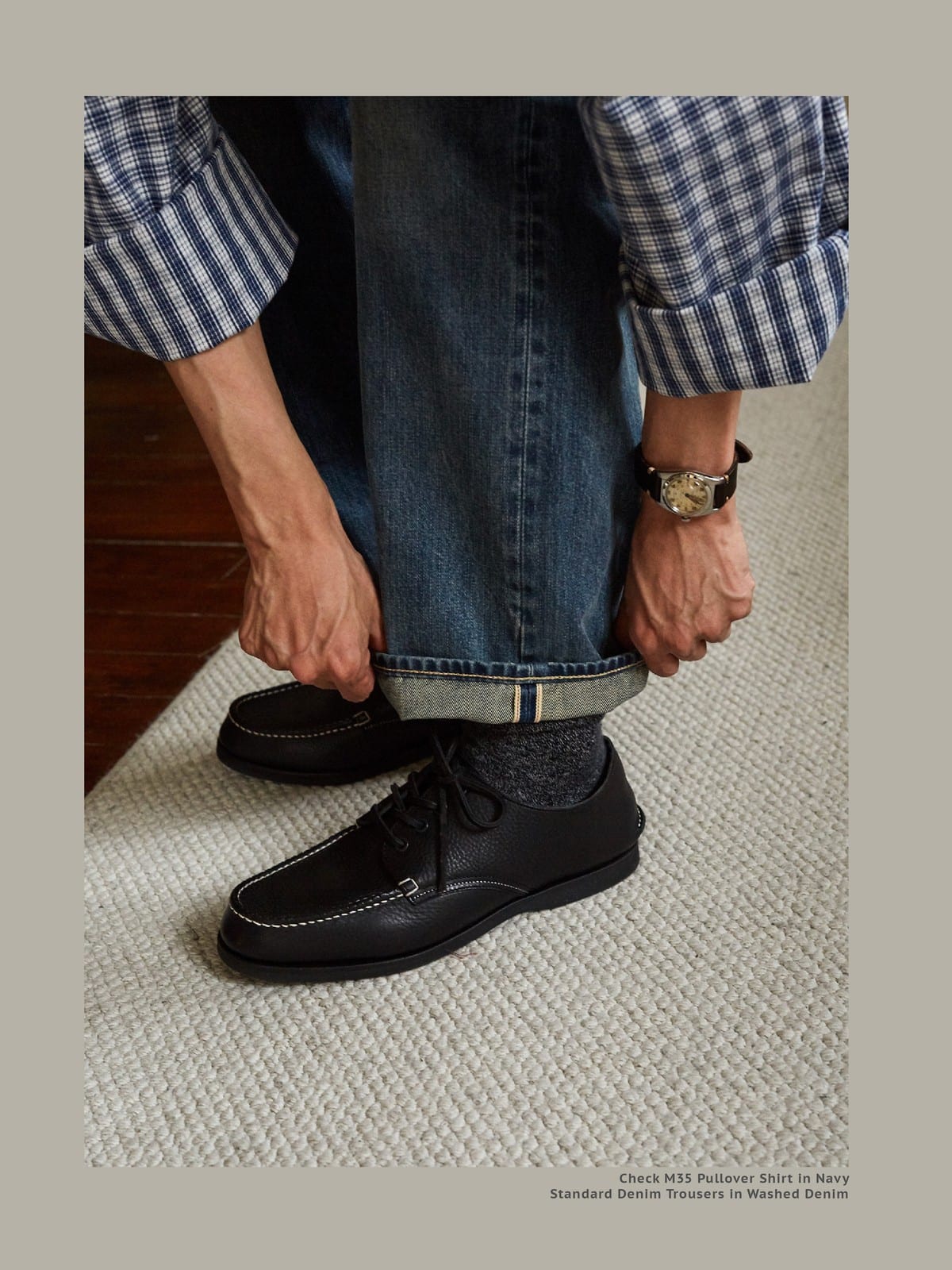USAGE Heavily Washed Selvedge Denim Jeans in Washed Denim - On Male Model