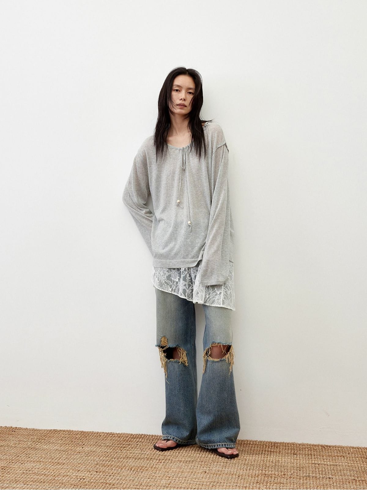 Random Piece Distressed Turkish Cotton Flared Jeans in Blue - On Female Model