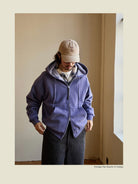 USAGE Vintage Washed Double Layer Zip Hoodie in Purple - On Male Model
