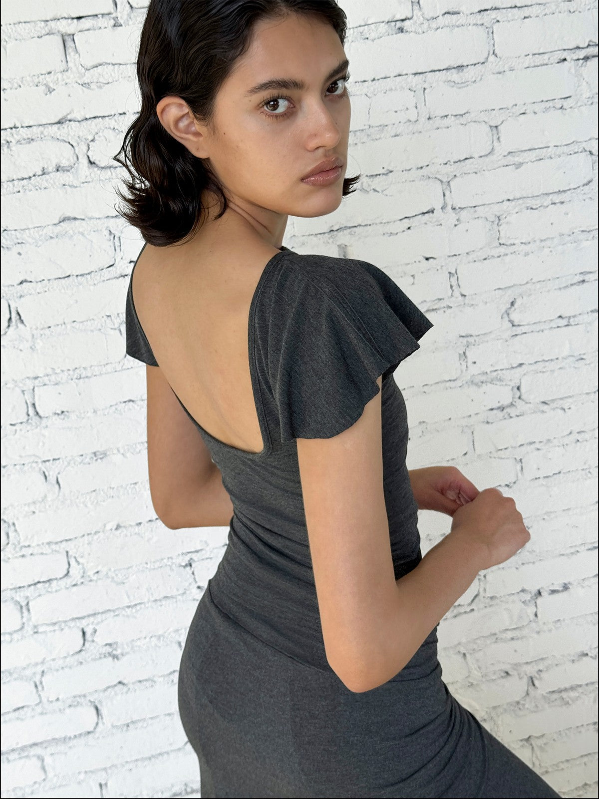 FaxCopyExpress Flutter Sleeve Open Back Top in Gray - On Female Model
