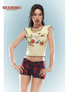 BeerBro Fruit Print Lettuce Edge Crop Top in Yellow - On Female Model