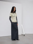 Random Piece Merino Wool U Neck Short Sleeve T Shirt in Beige - On Female Model
