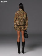 SMFK Camouflage Zip Up Cropped Jacket in Beige - On Model