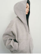 TEASEL Hooded Camel Wool Blend Jacket in Beige - On Female Model