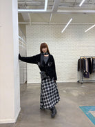 NeverSeez Mock Layer Argyle Knit Cardigan in Black - On Female Model