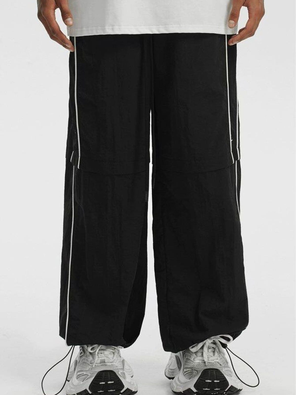 LOSTCTRL Contrast Piping Nylon Trousers in Black - On Model