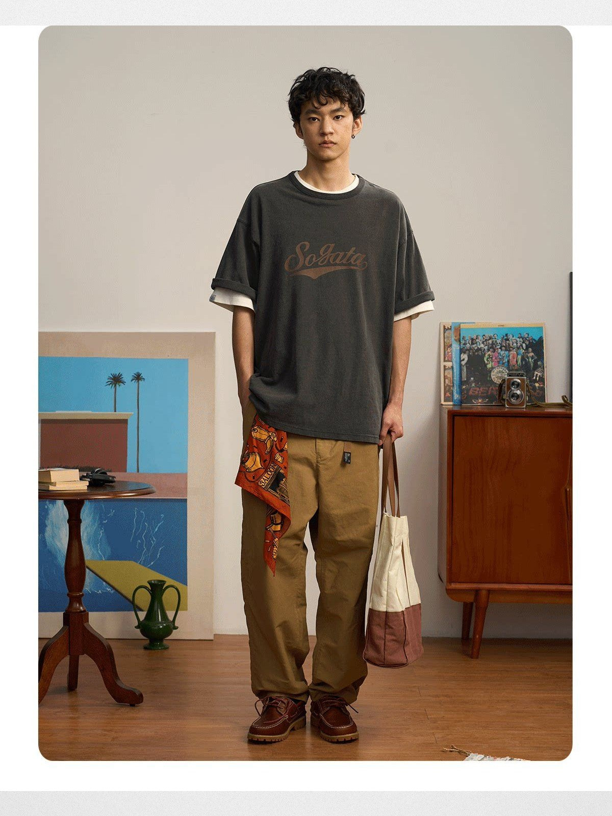 Soda Trendy Belted Cotton Nylon Tapered Pants in Beige - On Male Model