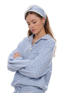 SweetChilling Striped Long Sleeve Polo Top in Light Blue - On Female Model