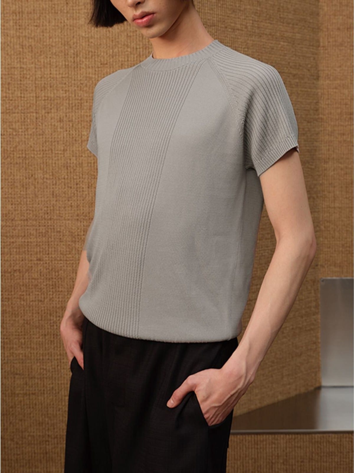 JCAESAR STUDIO Ribbed Ice Silk Raglan T Shirt in Gray - On Male Model