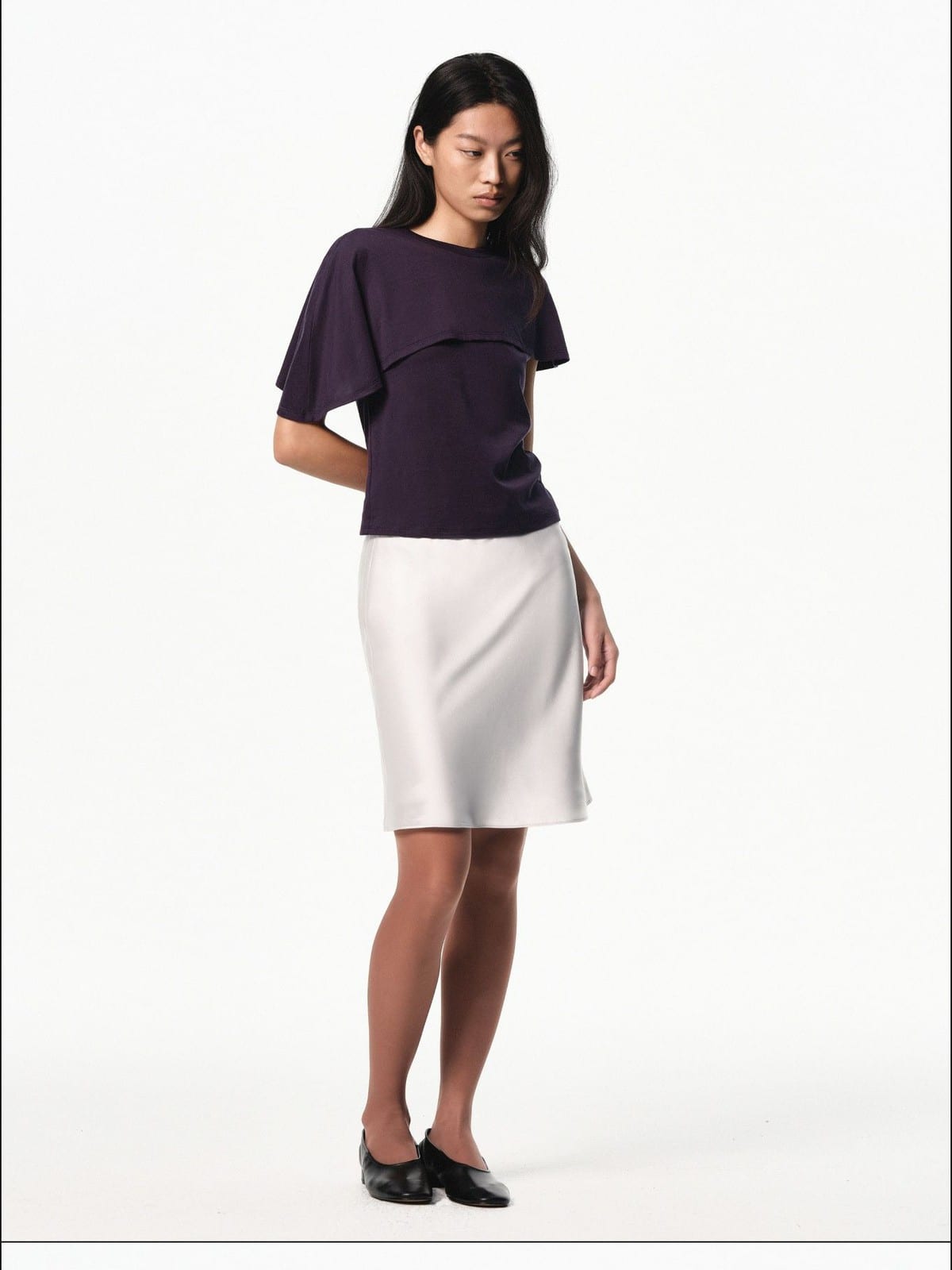 RARELY ALIKE Asymmetrical Draped Lyocell Blend Top in Purple - On Female Model