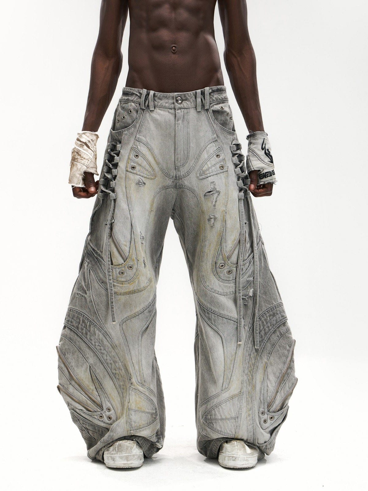 PERSONSOUL Distressed Paneled Drawstring Jeans in Gray - On Male Model