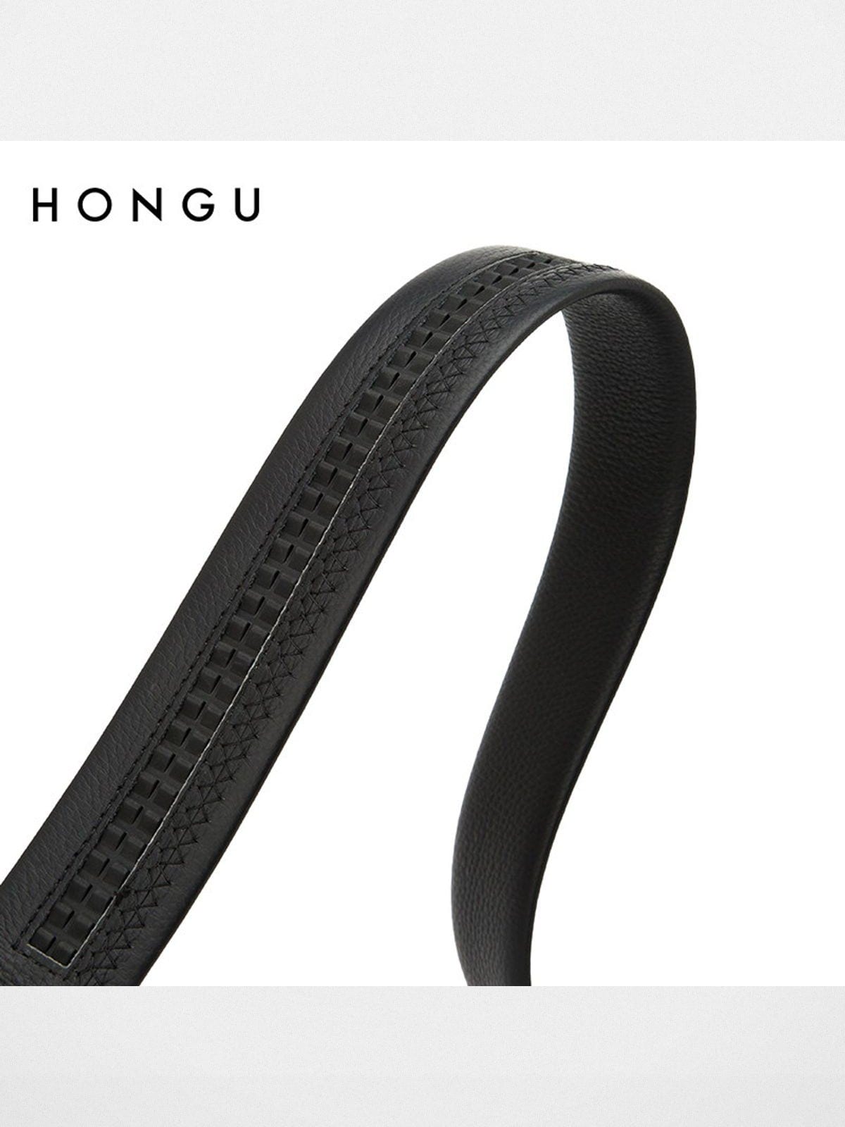 HONGU Cowhide Leather Automatic Buckle Belt in Black - Detail