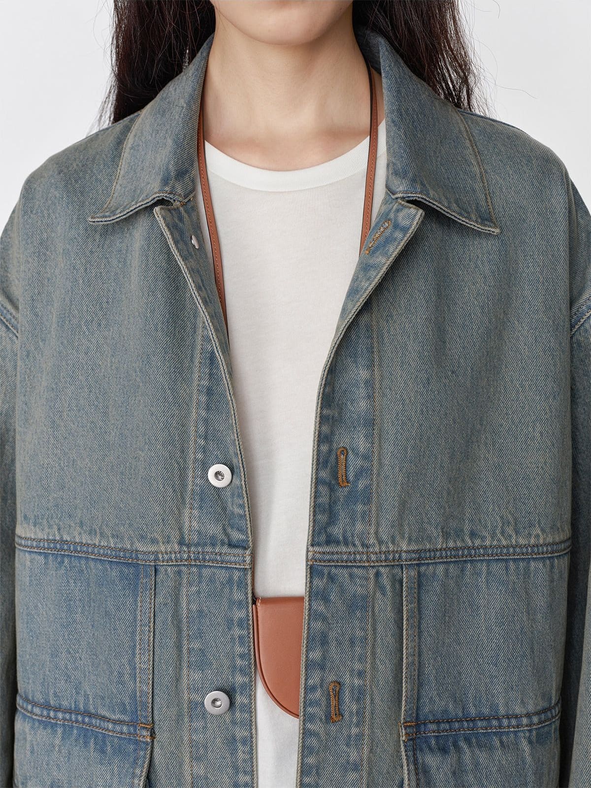 Random Piece Cotton Convertible Workwear Jacket in Denim - On Female Model