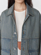 Random Piece Cotton Convertible Workwear Jacket in Denim - On Female Model