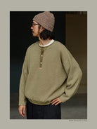 USAGE Heavyweight Waffle Knit Henley Sweatshirt in Olive - On Male Model