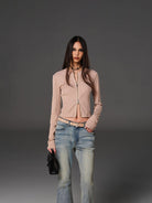 SMFK Slim Leather Belt with Cross Buckle in Beige - On Female Model