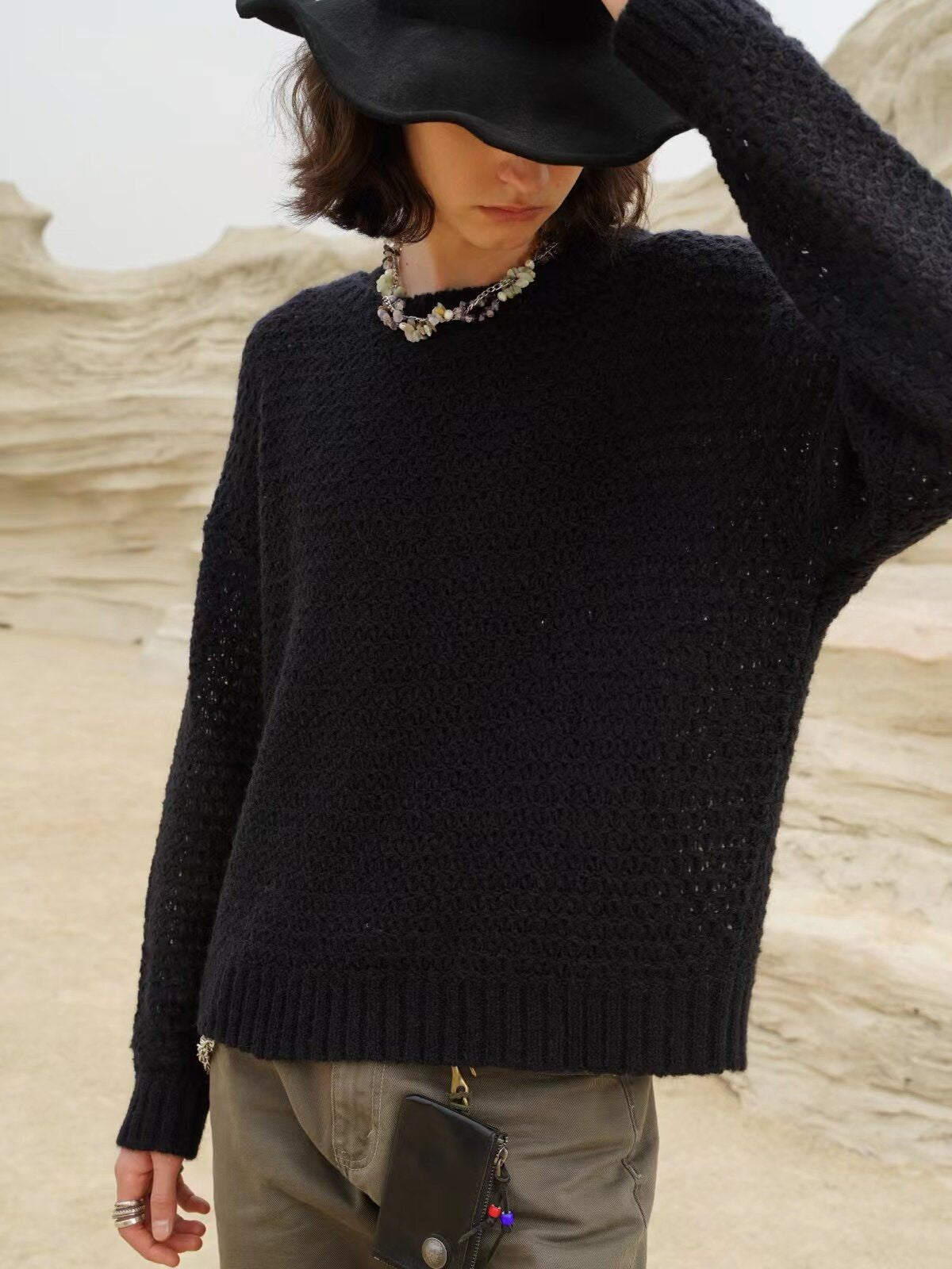 Retro 21 Hollow Knit Wool Mohair Sweater in Black - Lifestyle