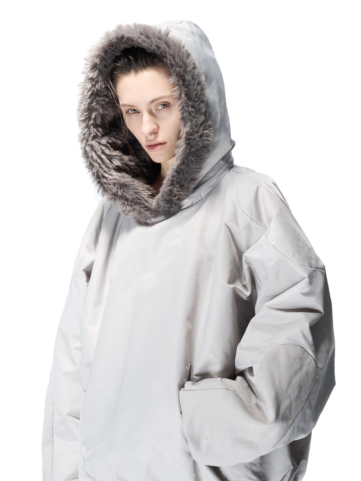 D5ove Fur Trim Hooded Padded Pullover in Gray - On Female Model
