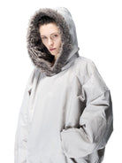 D5ove Fur Trim Hooded Padded Pullover in Gray - On Female Model
