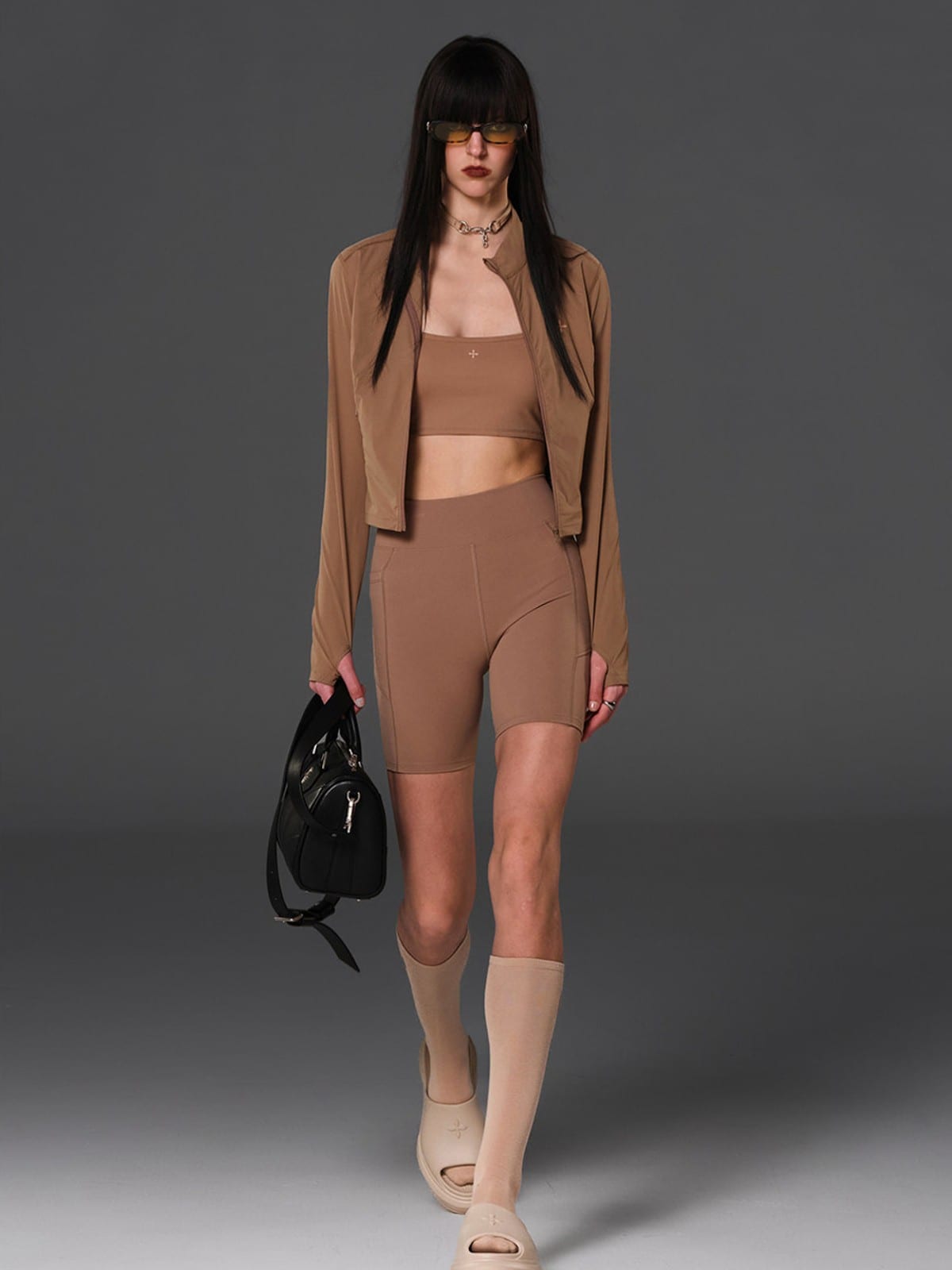 SMFK Cropped Stretch Nylon Track Jacket in Brown - On Female Model