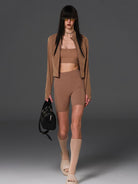 SMFK Cropped Stretch Nylon Track Jacket in Brown - On Female Model