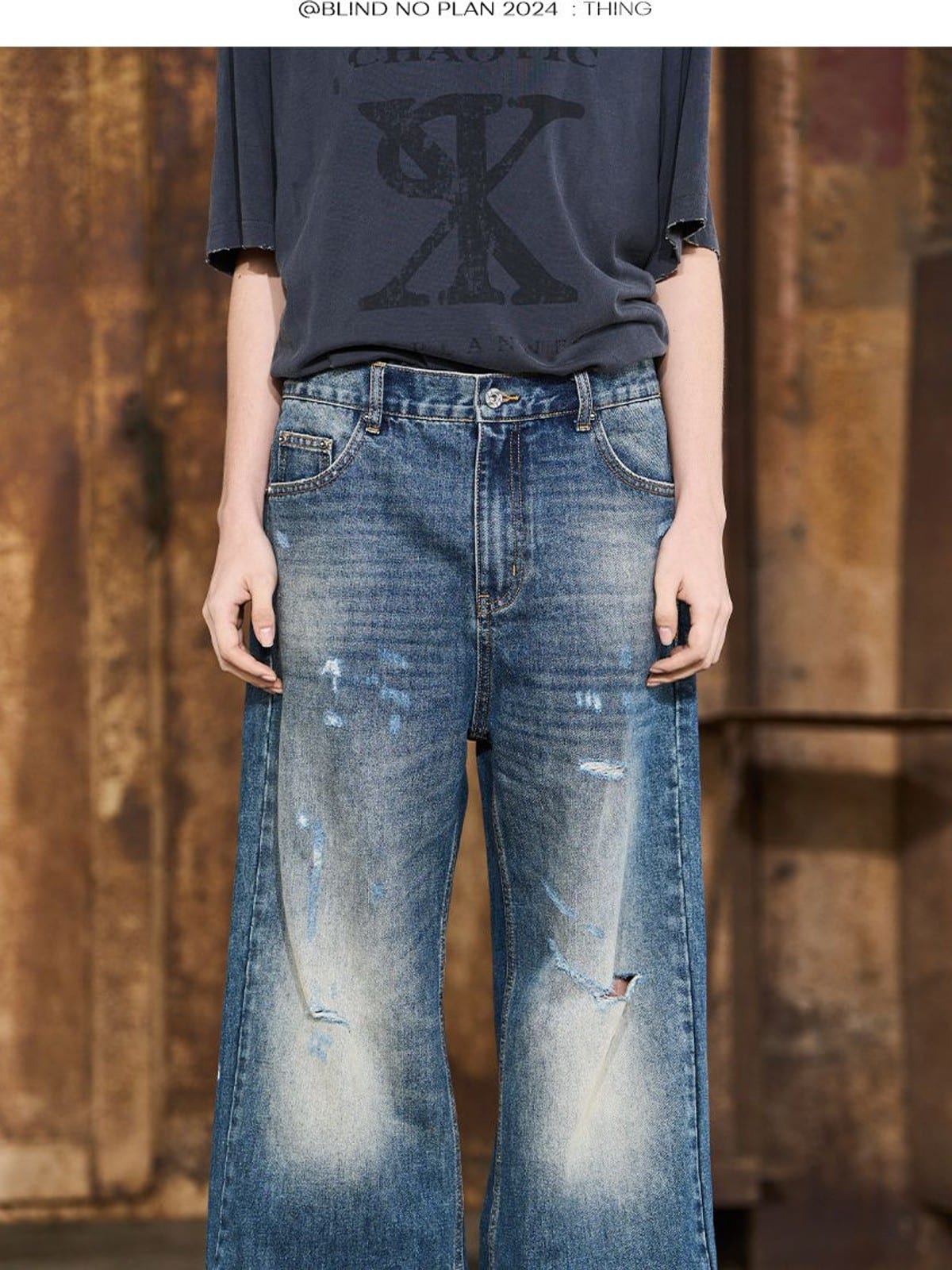 BLINDNOPLAN Distressed Dark Wash Straight Jeans in Blue - On Model