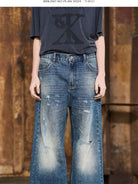 BLINDNOPLAN Distressed Dark Wash Straight Jeans in Blue - On Model