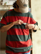 USAGE Wide Striped Cotton Pocket T Shirt in Green - On Male Model