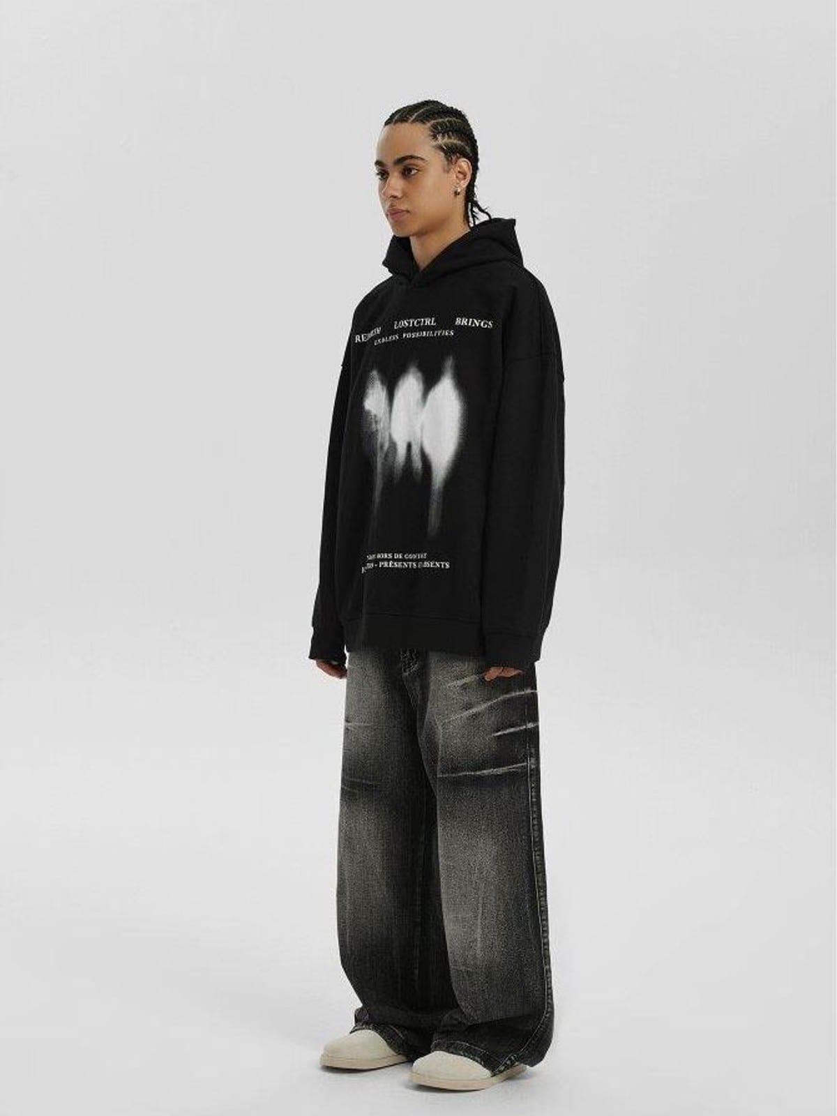 LOSTCTRL Silhouette Graphic Cotton Hoodie in Black - On Model