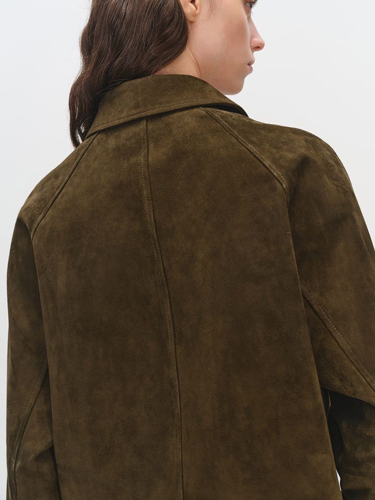 MSBEAST Cropped Suede Goatskin Jacket in Brown - On Female Model