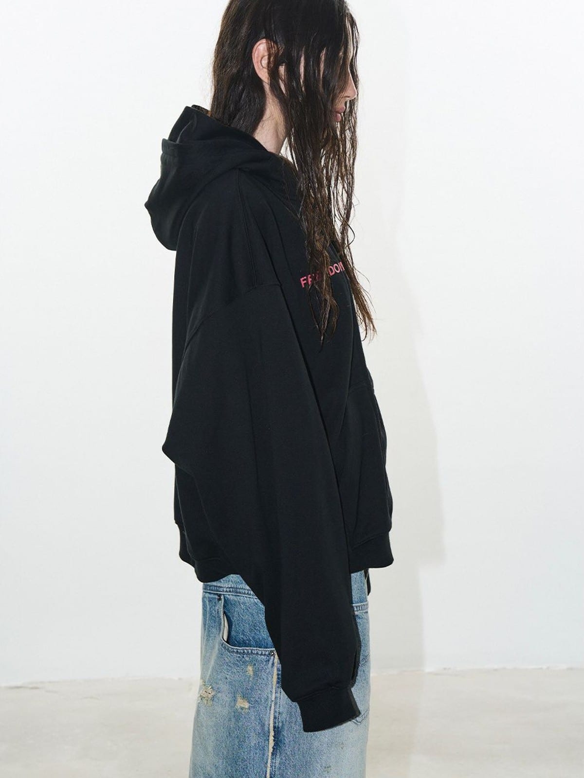 BLINDNOPLAN Faux Double Layer Paneled Hoodie in Black - On Model