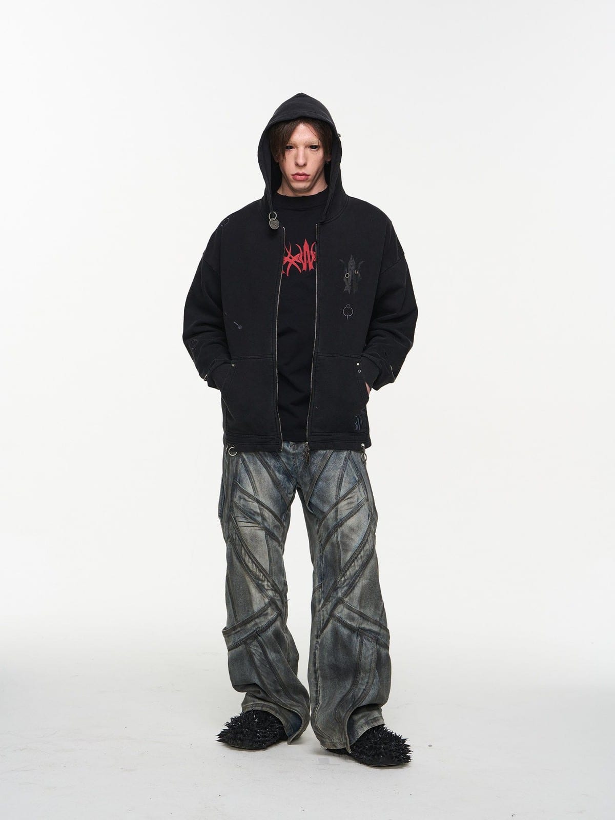 BLINDNOPLAN Washed Distressed Graphic Zip Hoodie in Black - On Male Model