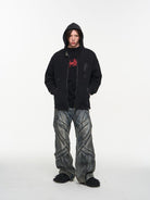 BLINDNOPLAN Washed Distressed Graphic Zip Hoodie in Black - On Male Model