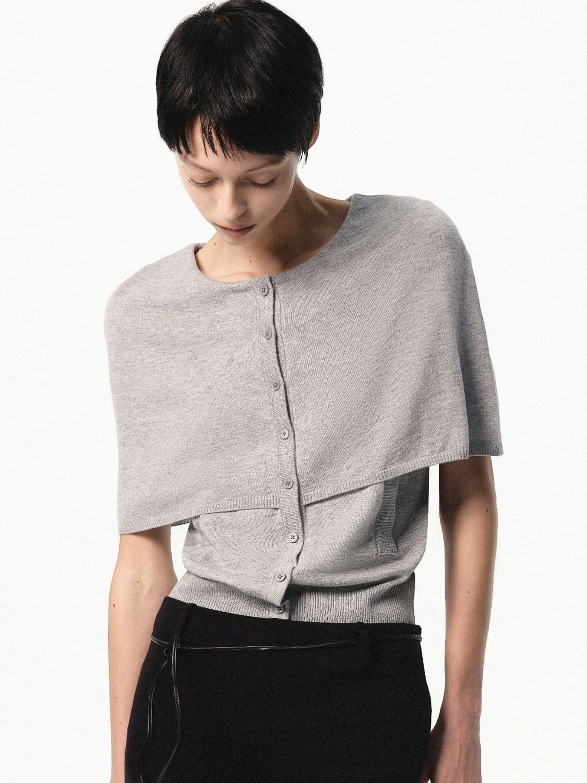 RARELY ALIKE Mock Two Piece Cape Knit Cardigan in Gray - On Female Model
