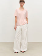 MSBEAST Rolled Edge Silk Cotton U Neck T Shirt in Pink - On Female Model