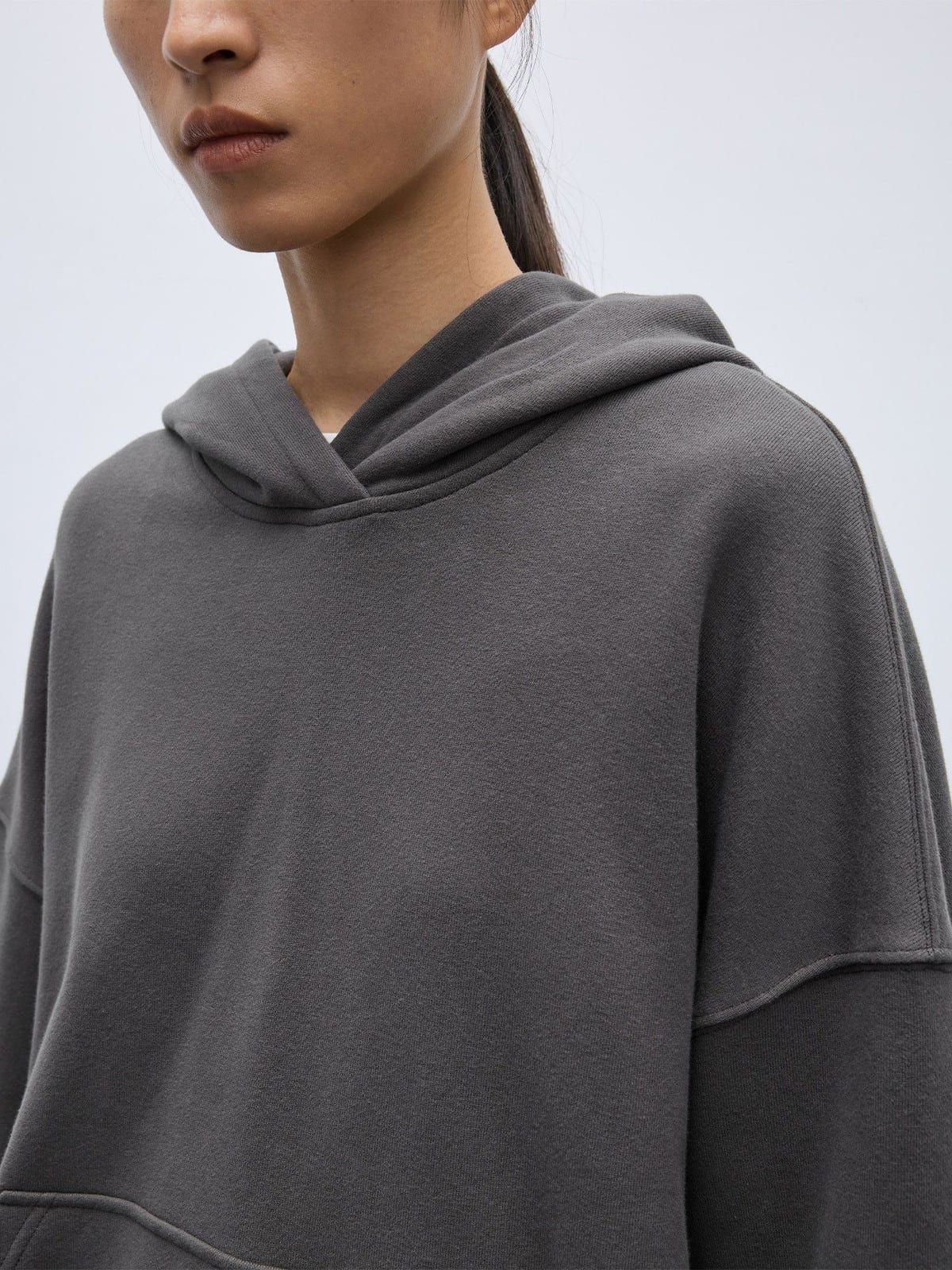 Random Piece Cotton Blend Drop Shoulder Hoodie in Gray - On Female Model