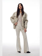 THELIGHT OFFICIAL Distressed Faux Leather Padded Bomber in White - On Female Model