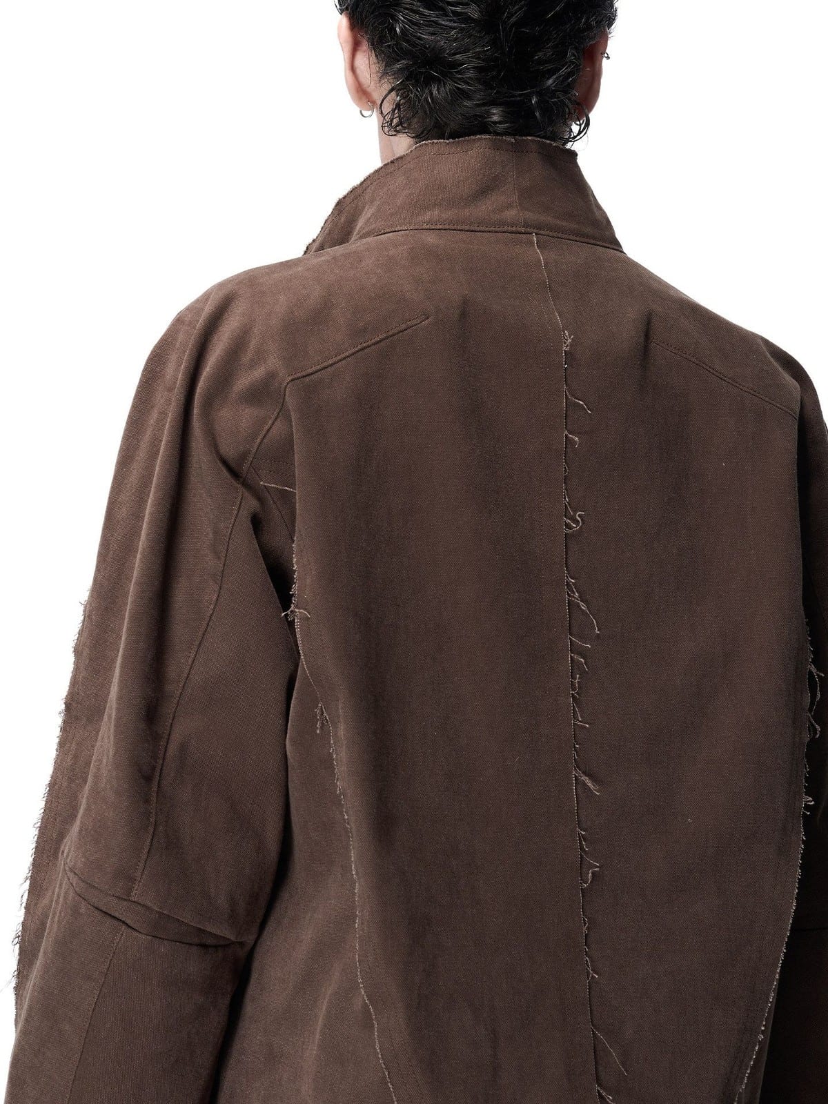 D5ove Raw Edge Stand Collar Cotton Jacket in Brown - On Model
