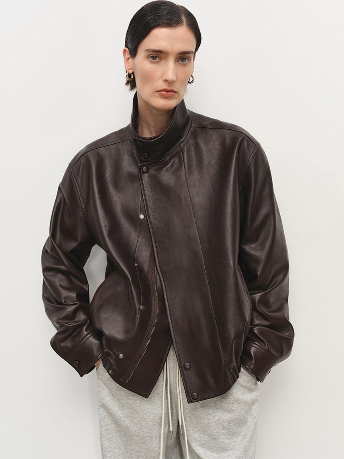 MSBEAST Suede Paneled Sheepskin Jacket in Brown - On Female Model